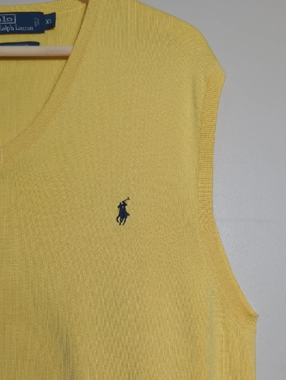 Vintage 90s Polo Ralph Lauren Yellow Pima Cotton Knit Sweater Vest Navy Pony XL‎